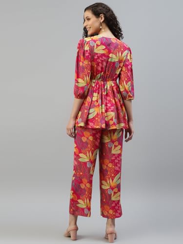 Image of DEEBACO Women's Leaf Print Rayon Peplum Top & Pants Co-Ord Set for Women V-Neck Puff 3 /4 Sleeves Ladies Party Casual Wear Fashionable for Girls Relaxed Fit Cord Set (Magenta)