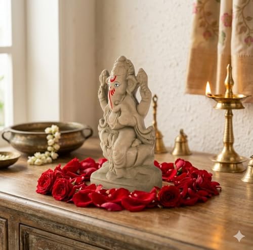Image of SAUDEEP INDIA 6 Inch Mitti Ganesh Idol | Eco-Friendly Handcrafted Mud /Clay Ganesh Murti | Ganpati Figurine for Visarjan | Biodegradable Lotus Ganesha Statue | Ganesh Chaturthi (Lotus Design)