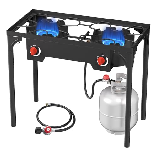 ADREAK 2 Burner Gas Stove, High Pressure Outdoor Propane Burner with Detachable Legs, 150,000 BTU Camping Stove Outdoor Burner with 0-20 PSI Regulator for Camping, Backyard, Outdoor Cooking