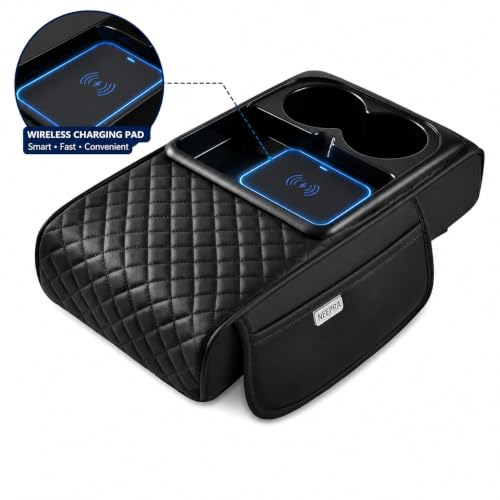 Image of NEEPRA Leather Car Armrest Cover Cushion with Dual Cup Holder & Wireless Charging Tray, Universal Center Console Arm Rest Organizer, PU Leather Hand Rest for Cars, SUVs & Trucks, Black & Red | Wireless Charging Tray