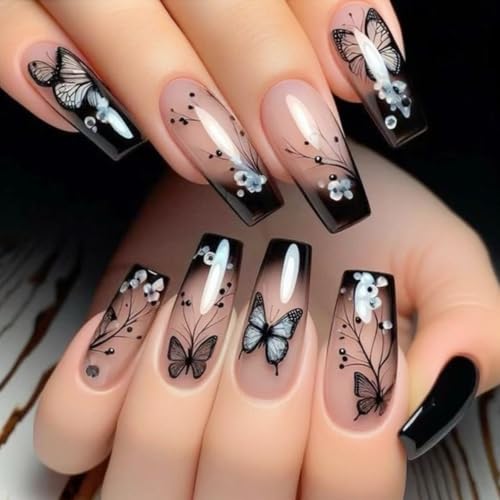 Black French Press on Nails Medium Coffin Floral Goth Fake Nails for Women