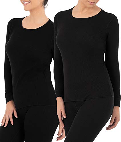 Fruit of the Loom Women's Micro Waffle Thermal Crew Top, Black/Black, 1X Plus