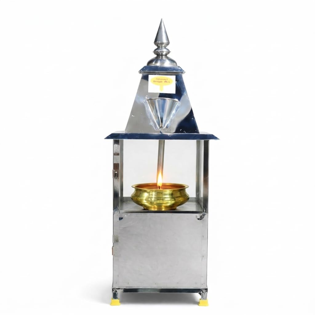 Stainless Steel Wall Mounted Oil Lamp with Glass Cover, Windproof Diya for Temple Pooja & Home, Ideal for Auspicious Decorations (Big)-image-30