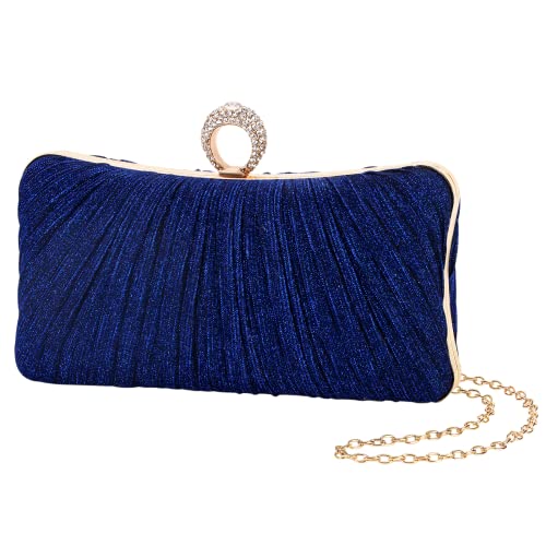 Image of iwish Womens Golden Glitter Clutch Purse Pleated Evening Bag for Bridal Wedding Party with Rhinestone Ring