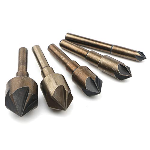 Rowiz 5Pcs 1/4, 3/8, 1/2, 5/8, 3/4 Countersink Drill Bit Set 82 Degree Five Edge Chamfer Cutter For Wood Plastic Metal Quick Change Bits #TOP2