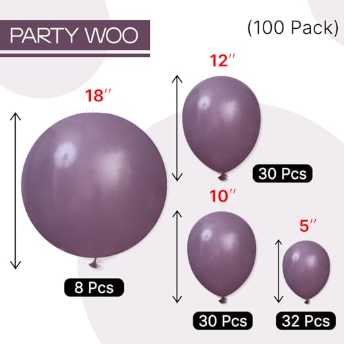 Image of PartyWoo Dusty Purple Balloons 100 pcs Different Sizes of 18 12 10 5 Inch Dark Purple Latex Helium Balloon Arch Kit Garland for Baby Shower Halloween Butterfly Birthday Party Decorations Purple-F50