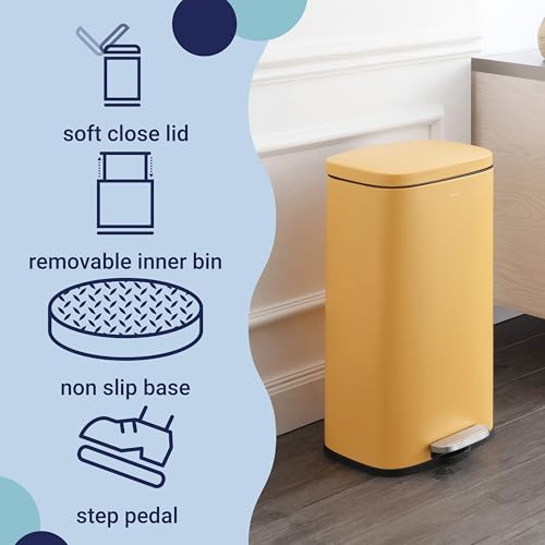 Image of happimess Curtis 8 Gal Step Trash Can Soft Close 25 inch, Daffodil Yellow | Iron Construction, Satin Finish, Removable Liner, Steel Pedal, 20 Trash Bags Included, Kitchen Office Bin