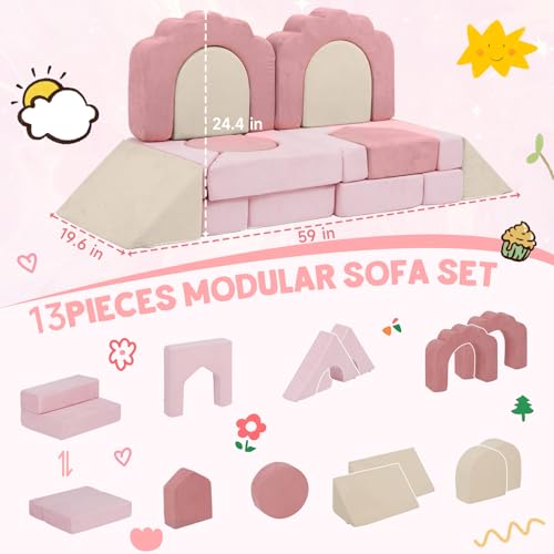 Image of 13-Piece Floral Foam Climbing Blocks for Toddlers,Pink & Beige | Modular Soft Play Gym,Kids Indoor Crawing Climbers & Play Structures for Bedrooms,Livingrooms & Playrooms
