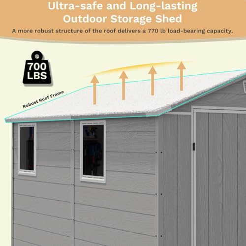 Image of Devoko 6x8 FT Plastic Storage Shed with Floor, Outdoor Resin Garden Shed with Window, Waterproof Tool Storage Shed with Lockable Door for Backyard, Patio, Lawn, Light Gray