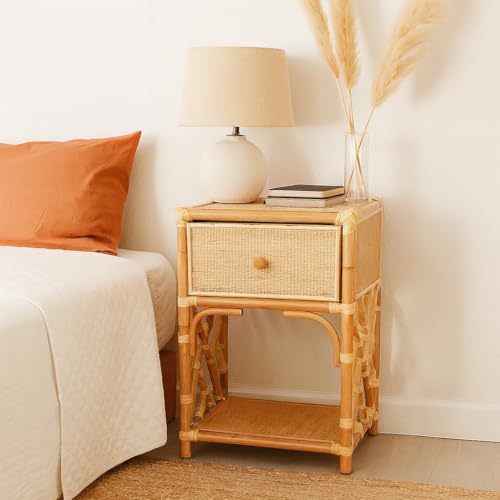Deconation Table De Chevet en Rotin avec 1 Porte - Beige - L 45 X L 35 X H 70 Cm - Chevet Authentique - Matériaux Naturels