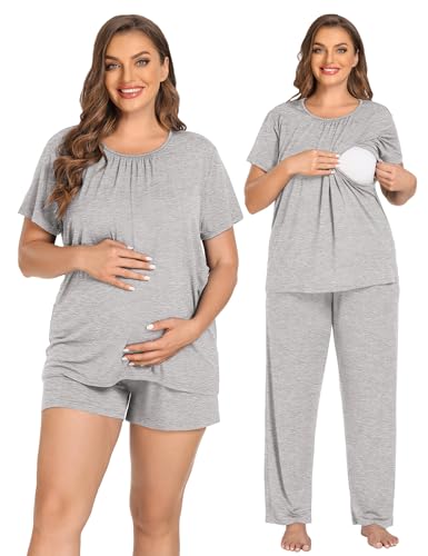 Image of SWOMOG Women 3Pcs Maternity Pajama Set Nursing Pjs Pregnancy Set Breastfeeding Pjs Double Layer with Pockets