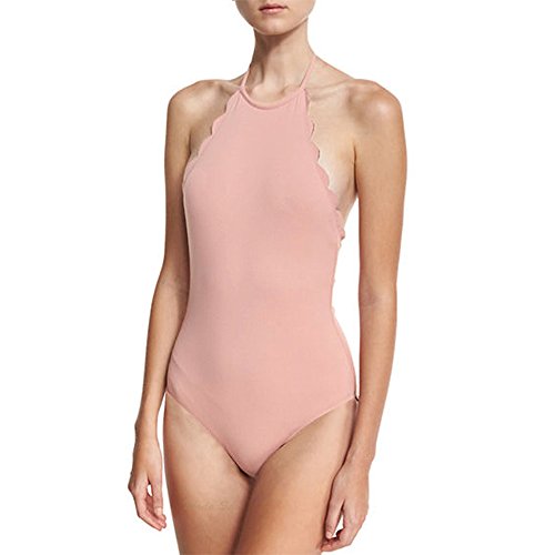 Bikini de escamada de las mujeres traje de baño de una pieza Traje de baño de las señoras Monokini traje de natación ajustable de cuello alto escote liso sin respaldo (L, rosado) Cover