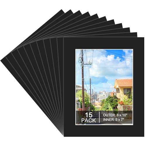 Prudiut 15 Pack 8x10 Black Picture Mats, Frame Mattes for 5x7 Pictures Photo Frame Mat Core Bevel Cut Mat Board Show Kit for Photos, Prints, Artworks