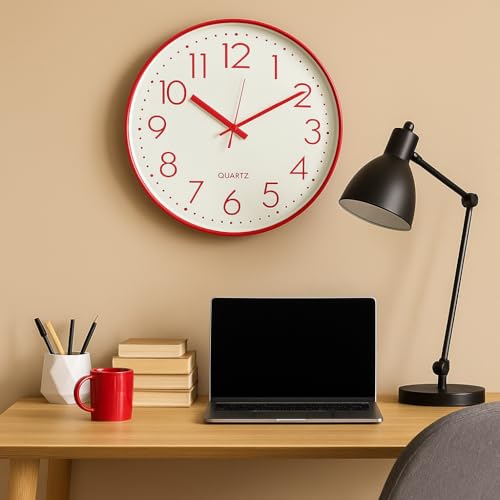 Image of Xtore Modern Round Wall Clock with Luxurious Finish (Pack of 1, RED)