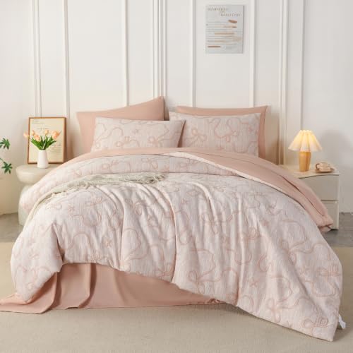 Image of PERFEMET Blush Pink Twin Comforter Set, 5 Pieces Cute Bow Jacquard Girls Bedding Twin Bed in a Bag, Soft All Season Vintage Embossed Bowknot Bedding Comforter Set Boho Bedroom Sets