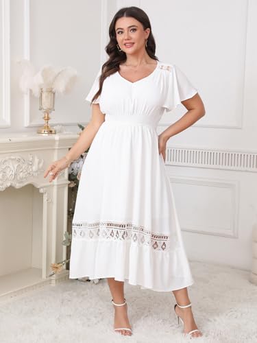 Plus Size Summer Dress V Neck Smocked High Waist Flowy A-Line Lace Trim Boho Wedding Guest Dress3