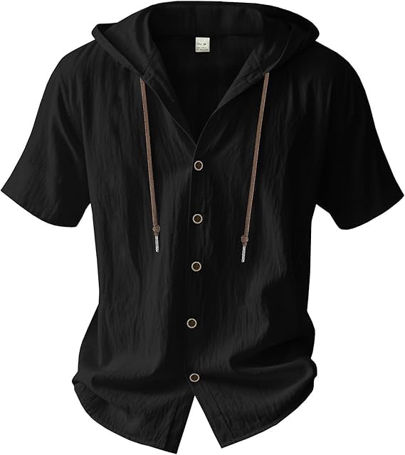 Womens Linen Hooded Button Down Shirt Casual Short Sleeve Drawstring Hoodie Blouses Summer Lightweight Beach Tops4