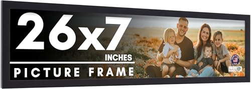 26x7 Frame Black Picture Frame - Complete Modern Photo Frame Includes UV Acrylic Shatter Guard Front, Acid Free Foam Backing Board, Hanging Hardware Wood Wall Frames for Family Photos - no Mat