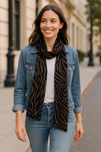 Women's Chiffon Animal Print Skinny Scarf – Lightweight Zebra Pattern Neck Scarf for Office & Casual Wear – Brown Black Fashion Accessory2