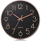 Reloj de Pared de Cuarzo Silencioso Relojes Pared Grandede 12 Pulgadas, Reloj Redondo de Cuarzo Negro y Dorado para Pared,...