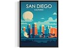 San Diego Unframed Poster Art Print, Retro City Mountain and Lake Landscape Artwork, Wall Art Vintage Decor Picture For Bedroom Office Home Decor 64 (San Diego, 10"L x 8"W, Unframed)