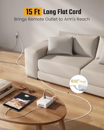 Image of 15Ft Long Extension Cord, Surge Protector Power Strip with 8 Outlets & 4 USB Ports (2 USB C), Flat Plug Power Strip Wall Mountable, Desk Charging Station for Home Office, College Dorm Room Essentials