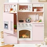 Tiny Land Play Kitchen for Kids, Upgraded Wooden Kitchen Toy with Complete Play Areas, Pretend Cooking Set with Sink, Stove, Microwave, Toy Coffee Station & Storage for Kids Ages 3+