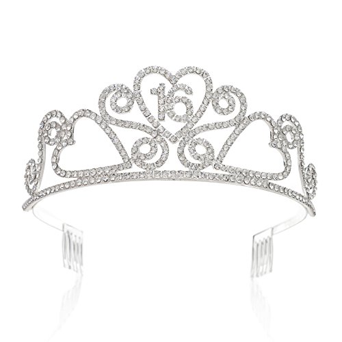 SWEETV Rhinestone Tiara Birthday Crown Princess Party Hat Hair Accessories 15/16/18/21/30/40/50/60/70th Birthday Gift,16th