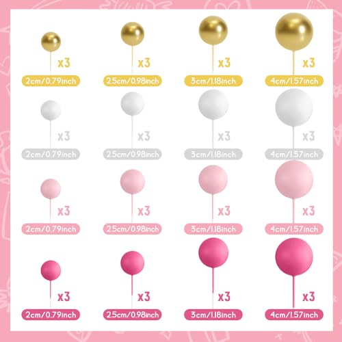 BOUBONI 48 Pcs Balls Cake Topper Decorations Balloon Cupcake Toppers Foam Cake Topper Balls Cake Balls Decorations for Birthday Party Wedding Anniversary Cake Decorating (Rose Red, Pink, White, Gold) by BOUBONI - Used condition - Image 2