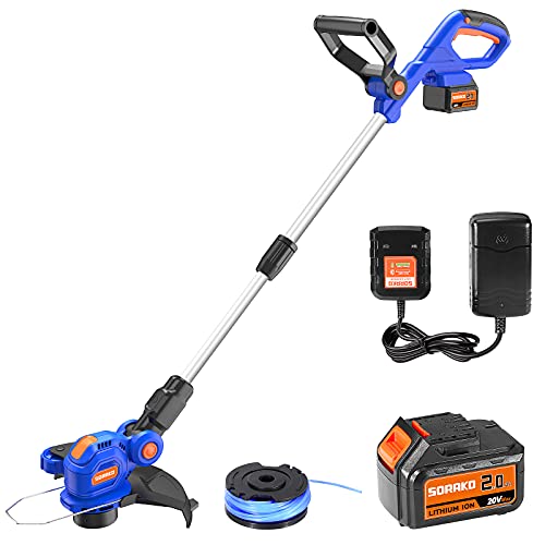 SORAKO Cordless String Trimmer/Edger 20V, 12 inch Grass Trimmer with 2.0Ah Li-ion Battery, Auto-Feed Lines Trimmer with Edging Wheel, 2 in 1 Lawn Trimmer with Adjustable Handle and Height