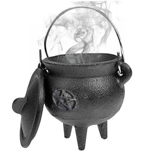 Caldero de hierro fundido resistente con asa y tapa de estrella para decoracion mistica de mesa 2