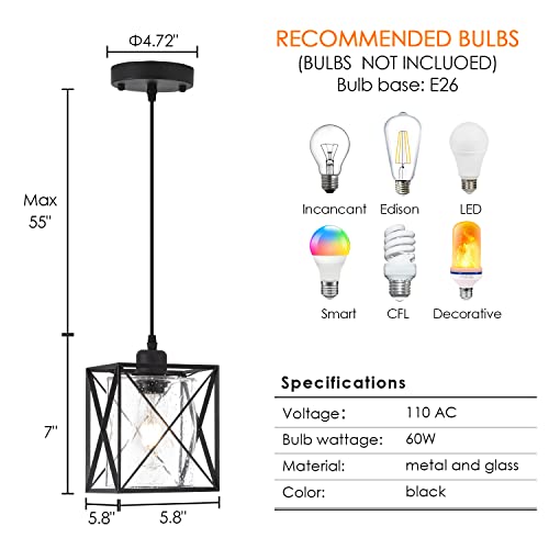 IMPIOIO Farmhouse Black Pendant Light with Seeded Glass Industrial Cage Blown Clear Bubble Glass Hanging Lighting Adjustable Cord for Kitchen Island Over Sink Hallway - Image 3