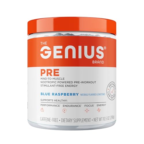 The Genius Brand Genius Pre - Clean Pre-Workout Powder for Energy, Focus & Fitness Support - No Artificial Flavors, Preservatives, or Proprietary Blends - Non-GMO - 20 Servings - Blue Raspberry