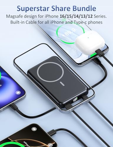 Image of Magnetic Portable Charger, 10000mAh Power Bank, 5 in 1 Portable Charger with Built in Cable, 20W Fast Charging for Magsafe Battery Pack Compatible with iPhone 17 /16 /15 /14 /13 /12 Pro /Pro Max Series