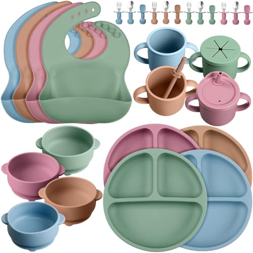 Image of Yinder 32 Pack Silicone Baby Feeding Set Baby LED Weaning Supplies Includes Suction Divided Plates Soft Bowl Spoons Forks Adjustable Bib Snack Cup with Lid and Straws(Bright Color)