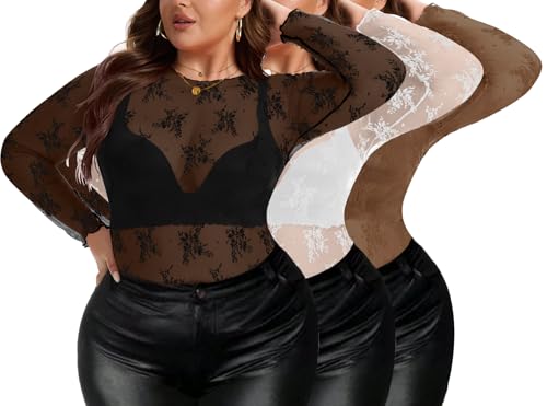 AYIFU Women's Lace Mesh Top Sheer Plus Size See Through Floral Long Sleeve Mock Neck Blouse Tops (Black/White/Light Brown 3-Pack, XL)