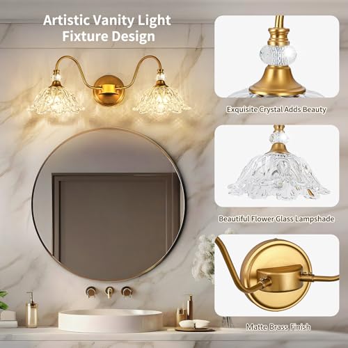 Image of Vintage Bathroom Vanity Light, 2-Light Matte Brass Finish Vanity Light with Floral Clear Glass Shades, Retro Wall Sconce for Bathroom, Dressing Table