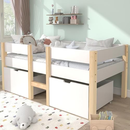 PUGSDRLY Lit d'enfant 90x190cm,Lit mi Hauteur avec Clôture de Sécurité et 2 Grands Tiroirs de Rangement,Cadre de Lit avec Sommier à Lattes en Bois,Lit...