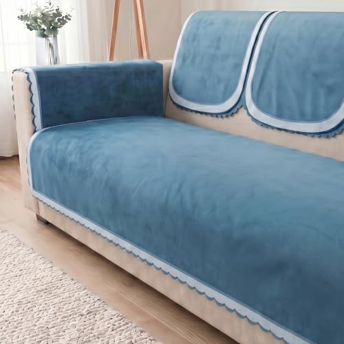 Image of Story@Home Velvet Sofa Cover 2 Seater Sofa Mat with Back Covers (152x122Cm) & Arm Rest Covers | Anti Slip Sofa Mat 2 Seater for Living Room - Ombre Shades of Blue