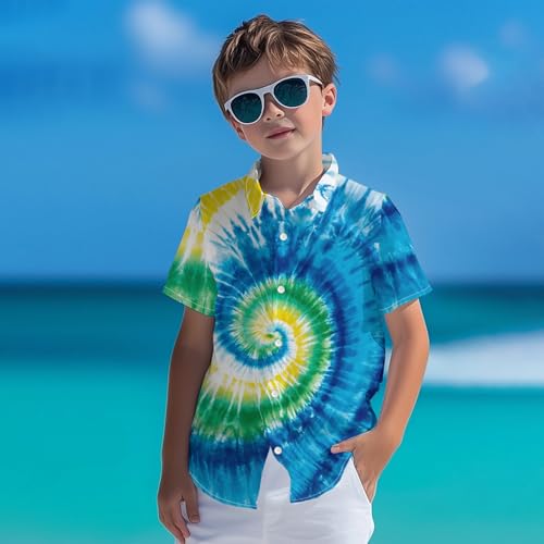 Image of Kids Tie-dye Hawaiian Shirt 80s Button Down Retro Short Sleeve Casual Beach Tropical Funny Party Outfits for Boys