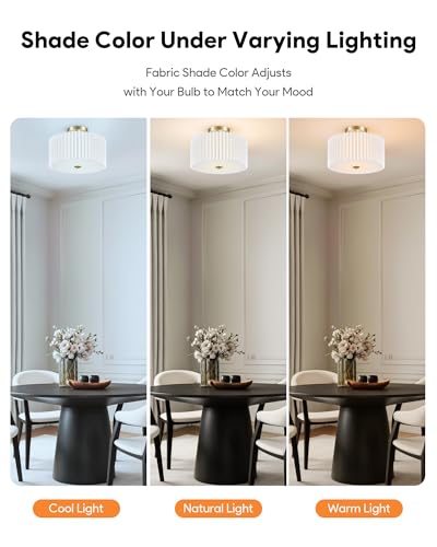 Image of VONLUCE 12.2 inch Semi Flush Mount Ceiling Light, 2-Light Drum Light Fixture | White Pleated Shade with E26 Sockets, Light Fixture for Nursery, Bedroom, Entryway, Hallway, Bronze Finish, ETL Certified