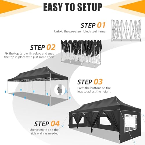 Image of HOTEEL 10x30 Heavy Duty Pop Up Canopy Tent with Sidewalls, Tents for Parties Commercial Party Tent Event Wedding Instant Canopy Waterproof with Carry Bag, UV 50+, Thicked Hexagonal Legs, Black