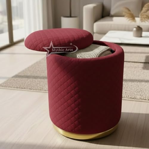 Image of Premium Round Storage Ottoman Stool 13 X 13X 16 inch, with Gold Metal Base | Luxury Pouffe with Hidden Storage | Cushioned Footrest for Living Room, Bedroom & Lounge Maroon