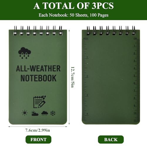 3 Pack Cahier imperméable, Cahiers tout-temps, Pocket Sized Top Spiral Notes, Army Green Police Notepad pour la maison de plein air Office École (3x5 De pouce)