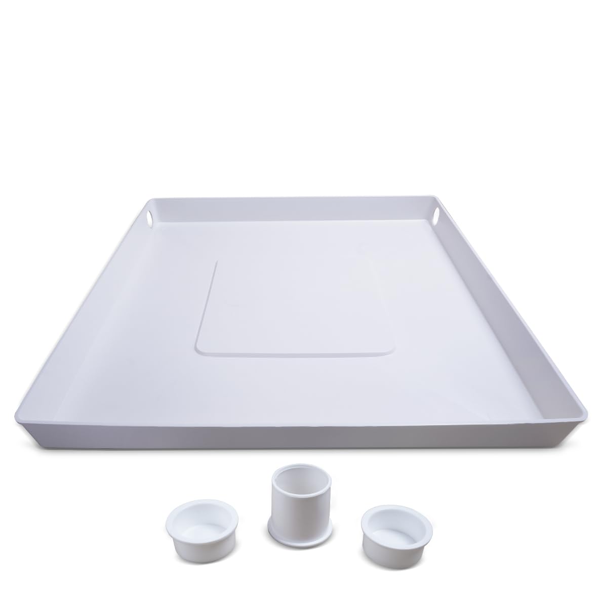 VIOKS Bandeja colectora de plástico, 665 x 665 x 60 mm, con desagüe, lavadora con desagüe, bandeja colectora de agua