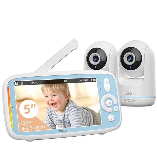BOIFUN Video Baby Monitor with 2 Cameras, 5-inch 720P IPS Screen, Dual 360 Camera, No Wifi, 3050mAh Battery, VOX Mode, Invisible Night Vision, Two-way Audio, Temperature Sensor, Lullabies, Elder,Twins