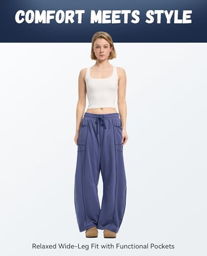 CHANGEOWN Barrel Pants for Women, Wide Leg Baggy Sweatpants Drawstring High Waisted Lounge Trousers with Pockets, Relaxed Fit Casual Pants, NavyBlue, 2XL — view 4