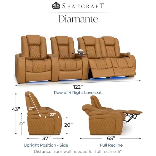 Image of Seatcraft Diamante Tan Oak Italian Leather Home Theater Seating, Zero Gravity Power Recliner Gaming and Home Office Chair Powered Headrest Lounge Sofa Furniture Cinema Room, Row of 4 Right Loveseats