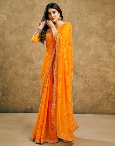 Image of SIRIL Women's Georgette Bandhani Printed Saree With Unstitched Blouse Piece