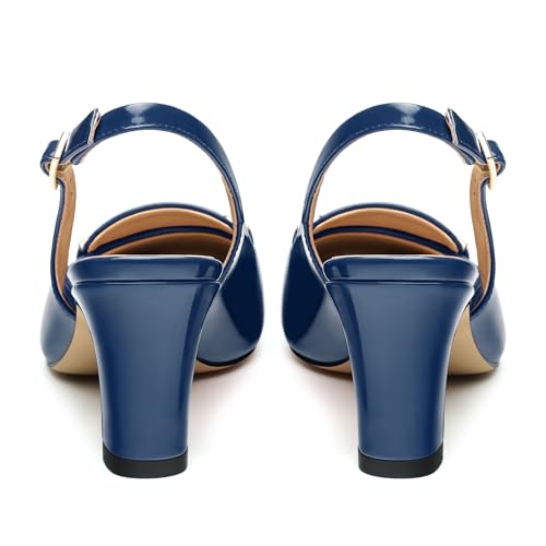 Women's Pumps Slingback Chunky Block Heels Square Closed Toe Strappy Patent Pumps Comfortable Casual Party Dress Shoes 2.5 Inch Navy Blue Patent Size 74